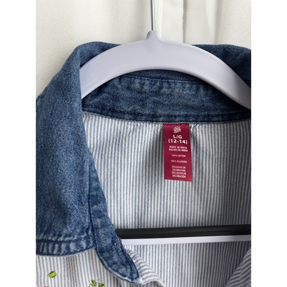 Womens L G 12 14 Striped Penguin Ski Embroidered‎ Denim Collar Button Up Shirt - Picture 4 of 5
